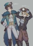  2boys :d adjusting_clothes adjusting_headwear blue_eyes brown_eyes brown_gloves brown_hair burn_scar coat coattails cosplay cravat epaulettes freckles frilled_sleeves frills fur_trim glasses gloves grey_background gumegume hand_on_hip hat highres identity_v looking_at_another male_focus mike_morton mike_morton_(cosplay) monocle multiple_boys norton_campbell norton_campbell_(cosplay) official_alternate_costume open_mouth scar short_hair simple_background sleeves_past_wrists smile white_gloves 