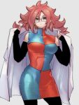  1girl android_21 breasts checkered checkered_dress closed_mouth detached_sleeves dragon_ball dragon_ball_fighterz dress earrings glasses grey_background hair_between_eyes hoop_earrings jewelry kemachiku labcoat large_breasts long_hair looking_at_viewer redhead simple_background solo 