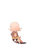  1girl backpack bag black_jacket black_legwear brown_skirt cat_bag chibi criis-chan dangan_ronpa facing_away flipped_hair from_behind highres jacket light_brown_hair long_sleeves medium_hair monomi_(dangan_ronpa) nanami_chiaki pink_bag pleated_skirt simple_background skirt solo standing stuffed_animal stuffed_bunny stuffed_toy super_dangan_ronpa_2 thigh-highs white_background 