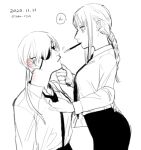  2girls ass_grab black_eyepatch black_eyes black_neckwear black_pants blush braid braided_ponytail breasts business_suit chainsaw_man collared_shirt couple dated ear_blush expressionless food formal han_csm hand_on_another&#039;s_ass hand_on_another&#039;s_chin hand_on_ass highres incoming_kiss long_hair looking_at_another makima_(chainsaw_man) medium_breasts monochrome multiple_girls neck_blush necktie necktie_grab neckwear_grab nose_blush office_lady pants pocky ponytail quanxi_(chainsaw_man) ringed_eyes romance serious shirt shirt_tucked_in sitting suit white_shirt wife_and_wife yuri 