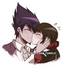  1boy 1girl bangs blush brown_hair closed_eyes closed_mouth collarbone collared_shirt couple criis-chan cropped_shoulders dangan_ronpa face-to-face flying_sweatdrops hand_on_another&#039;s_head harukawa_maki hetero jacket jacket_on_shoulders long_sleeves low_twintails mole mole_under_eye momota_kaito new_dangan_ronpa_v3 pink_jacket profile purple_hair red_scrunchie red_shirt sailor_collar scrunchie shirt spiky_hair tumblr_username twintails watermark web_address white_shirt 