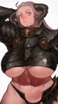  1girl absurdres breasts brown_hair commentary_request highres horns ibuo_(ibukht1015) large_breasts lips long_hair midriff navel original red_eyes signature simple_background skindentation solo thick_eyebrows under_boob 