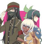  angry bandaged_hand bangs black_hair chabashira_tenko collarbone commentary_request dangan_ronpa earrings eyebrows_visible_through_hair hair_ornament happy hat jewelry long_hair long_sleeves mask mouth_mask necklace new_dangan_ronpa_v3 profile shinguuji_korekiyo smile tumblr_username upper_body w watermark web_address white_background white_hair yonaga_angie 