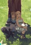  1boy 1girl absurdres arm_guards blonde_hair boots bracelet dress fingerless_gloves gloves grass green_eyes highres jewelry leaning_on_person light_blush link long_hair necklace pointy_ears princess_zelda sandals shade sleeping strapless strapless_dress the_legend_of_zelda the_legend_of_zelda:_breath_of_the_wild toes tree yapsharlene 
