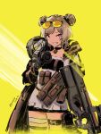  absurdres ammunition_pouch artist_name bangs black_coat black_gloves black_legwear black_skirt breastplate brown_hair bullpup chest_protector choker coat commentary_request cowboy_shot dated double_bun eyebrows eyebrows_visible_through_hair eyewear_on_head fingerless_gloves gas_mask girls_frontline glasses gloves gun hair_bun head_tilt highres holding holding_gun holding_mask holding_weapon hooded_coat jewelry long_coat long_sleeves mask miharu_(cgsky) miniskirt necklace open_clothes open_coat open_mouth p90 p90_(girls_frontline) pouch red_eyes short_hair sidelocks simple_background skirt smile submachine_gun sunglasses sweater tactical_clothes teeth thigh-highs thigh_pouch thigh_strap thighs weapon white_sweater yellow_background zettai_ryouiki 