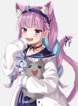  1girl animal_ear_fluff animal_ears blue_hair blush bow braid braided_ponytail cat cat_ears fang frilled_shirt_collar frills hairband hand_on_own_face highres holding hololive jacket minato_aqua moonbell multicolored_hair open_mouth purple_hair simple_background smile solo tail virtual_youtuber white_jacket 