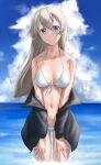  1girl absurdres bikini black_jacket blue_eyes blue_sky breasts clouds cowboy_shot day eila_ilmatar_juutilainen english_commentary fankupl front-tie_top hands_on_own_thighs highres horizon jacket long_hair looking_at_viewer medium_breasts navel ocean outdoors silver_hair sky solo standing strike_witches swimsuit white_bikini world_witches_series 
