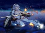  1girl anchor_choker artillery artist_request azur_lane black_footwear breasts brown_skirt choker explosion frilled_choker frilled_skirt frills full_body highres holding holding_sword holding_weapon lace-trimmed_hairband lace_trim large_breasts outstretched_leg red_eyes red_ribbon ribbon rigging shoes short_hair sirius_(azur_lane) skirt solo sword thigh-highs water weapon white_hair white_legwear zettai_ryouiki 