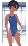  1girl ass_visible_through_thighs black_eyes black_hair blue_swimsuit breasts collarbone competition_swimsuit contrapposto covered_navel cowboy_shot highleg highleg_swimsuit kuronami_(lvi) logo lvi one-piece_swimsuit original short_hair small_breasts solo standing swimsuit 