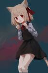  1girl :d animal_ear_fluff animal_ears aqua_background bangs black_skirt black_vest blonde_hair bow cat_ears cat_girl cat_tail collared_shirt dark_background eyebrows_visible_through_hair feet_out_of_frame from_side hair_ribbon hands_up highres kemonomimi_mode leaning_forward long_sleeves looking_at_viewer no_lineart open_mouth paw_pose red_eyes red_neckwear red_ribbon reddizen ribbon rumia sharp_teeth shirt short_hair skirt skirt_set smile solo tail teeth touhou two-tone_background upper_teeth vest white_shirt wing_collar 