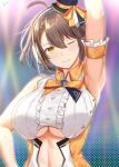  1girl ;) absurdres ahoge arm_strap arm_up armpits azur_lane baltimore_(azur_lane) baltimore_(muse)_(azur_lane) bangs bare_shoulders bow braid breasts brown_hair center_frills center_opening clothing_cutout collared_shirt crop_top english_commentary eyebrows_visible_through_hair french_braid frills hair_between_eyes hand_on_hip hat headset highres idol large_breasts looking_at_viewer mini_hat navel navel_cutout official_alternate_costume one_eye_closed orange_bow shirt short_hair sidelocks signature sleeveless smile solo stage_lights standing tacticsalt under_boob underboob_cutout upper_body white_shirt yellow_eyes 