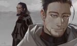  2boys ainu ainu_clothes apostle2408 beard black_hair cloak earrings facial_hair goatee golden_kamuy hair_slicked_back hair_strand highres imperial_japanese_army jewelry kiroranke male_focus military military_uniform multiple_boys ogata_hyakunosuke scar scar_on_cheek scar_on_face short_hair sideburns undercut uniform 