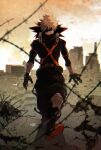  1boy alternate_costume artist_name baggy_pants bakugou_katsuki belt black_footwear black_gloves black_pants blonde_hair boku_no_hero_academia boots city explosive eye_mask facing_viewer fence full_body gloves grenade hair_ornament looking_at_viewer male_focus outdoors pants red_eyes red_footwear ryo_(piggerworld) short_hair solo spiky_hair standing 