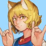  1girl absurdres animal_ears blonde_hair blue_background brooch chanta_(ayatakaoisii) double_fox_shadow_puppet fox_ears fox_shadow_puppet hands_up highres jewelry looking_at_viewer portrait short_hair simple_background slit_pupils smile solo tabard touhou yakumo_ran yellow_eyes 
