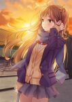  1girl adachi_to_shimamura arm_at_side blue_scarf brown_hair fence green_eyes grey_skirt hand_up highres jacket long_hair one_side_up outdoors scarf school_uniform shimamura_uzuki skirt solo standing sunset unjem 