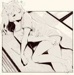  1girl ? animal_ears bare_legs barefoot bow cat_ears cat_girl cat_tail collarbone hair_bow leoharju lying medium_hair monochrome on_side one_eye_closed original panties shirt short_sleeves solo tail tatami underwear 