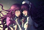  2girls apron bandages bangs blush breasts closed_eyes commentary criis-chan crying dangan_ronpa dress dual_persona elbow_gloves floating_hair from_side gloves glowing glowing_eye holding_hands long_hair medium_breasts mole mole_under_eye multiple_girls nurse open_mouth puffy_short_sleeves puffy_sleeves purple_hair saliva shiny shiny_hair short_sleeves super_dangan_ronpa_2 tsumiki_mikan upper_body upper_teeth wavy_hair white_apron white_dress white_gloves 