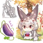  1girl :&lt; absurdly_long_hair animal_ear_fluff animal_ears bangs barefoot chibi closed_mouth commentary_request eyebrows_visible_through_hair food food_request fox_ears fox_girl fox_tail hair_between_eyes hair_rings highres holding holding_food japanese_clothes kimono long_hair long_sleeves multiple_views obi original ponytail red_eyes sash silver_hair sitting standing tail tree very_long_hair wavy_mouth white_background white_kimono wide_sleeves yuuji_(yukimimi) |_| 