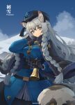  1girl alternate_costume animal_ears arknights artist_name bell belt black_gloves blue_coat blue_eyes braid bright_pupils character_name cloak coat fur_trim gloves grey_hair hand_in_hair hat highres leopard_ears leopard_tail long_hair looking_at_viewer pramanix_(arknights) sima_naoteng smile solo tail twin_braids white_pupils 