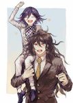  2boys :d absurdres black_footwear black_hair brown_hair brown_jacket carrying checkered checkered_neckwear checkered_scarf closed_eyes collared_shirt commentary_request dangan_ronpa glasses gokuhara_gonta green_hair hair_between_eyes highres jacket long_hair long_sleeves looking_at_viewer male_focus multiple_boys necktie new_dangan_ronpa_v3 open_mouth ouma_kokichi pants postal_mark_(tsu_qq) purple_hair red_eyes scarf school_uniform shirt shoes simple_background smile straitjacket teeth upper_body white_jacket white_pants yellow_neckwear 