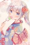  1girl blue_eyes blue_nails blurry blurry_background bow cherry_blossoms dango eating food from_side gomano_rio gomano_rio_(vtuber) highres japanese_clothes kimono looking_at_viewer multicolored_hair nail_polish obi original sash side_ponytail solo wagashi white_hair 