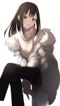  1girl absurdres black_hair coat green_eyes highres idolmaster idolmaster_cinderella_girls idolmaster_cinderella_girls_starlight_stage k_concord long_hair long_sleeves pants shibuya_rin simple_background sitting smile solo sweater white_background 