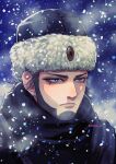  1boy blue_eyes expressionless eyebrows eyelashes fur_hat golden_kamuy grey_hair hat highres magu_gk male_focus outdoors portrait russian_clothes snowing solo ushanka vasily_(golden_kamuy) winter winter_clothes 