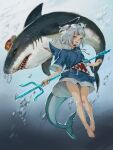  1girl animal_hood barefoot bloop_(gawr_gura) blue_eyes blue_hair bubble can fish_tail gawr_gura hair_ornament highres holding holding_weapon hololive hololive_english hood multicolored_hair polearm shark shark_hair_ornament shark_hood shark_tail sharp_teeth short_twintails smile tail teeth trident twintails two-tone_hair underwater virtual_youtuber weapon white_hair zawaty 