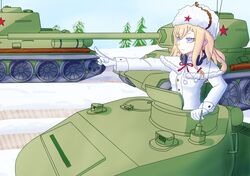  1girl absurdres blonde_hair blue_eyes breasts caterpillar_tracks coat commentary_request day fur_hat gilijim girls_frontline ground_vehicle hat highres long_hair military military_vehicle mosin-nagant_(girls_frontline) motor_vehicle sky snow star_(symbol) t-34 t-34-85 tank tree ushanka 