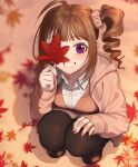  1girl ahoge autumn autumn_leaves bangs black_legwear blunt_bangs blurry blurry_background blush breasts brown_cardigan brown_footwear brown_hair brown_jacket brown_legwear brown_scrunchie brown_skirt buttons cardigan collared_shirt commentary_request covering_one_eye day depth_of_field dress_shirt drill_hair fingernails full_body grin hair_ornament hair_scrunchie hand_on_own_knee hand_up highres holding holding_leaf hood hood_down hooded_jacket idolmaster idolmaster_million_live! jacket kamille_(vcx68) leaf light_particles long_sleeves looking_at_viewer maple_leaf medium_breasts medium_hair miniskirt nail_polish open_clothes open_jacket outdoors pantyhose red_nails scrunchie shadow shirt shoes side_ponytail sidelocks skirt sleeves_past_wrists smile solo squatting violet_eyes white_shirt yokoyama_nao 
