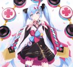  1girl 39 :3 absurdres asymmetrical_legwear black_skirt blue_eyes blue_hair blue_nails bow cherry_blossoms commentary confetti cookie cowboy_shot criss-cross_halter drum food frilled_skirt frills halterneck hatsune_miku highres holding_cookie instrument japanese_clothes kimono long_hair looking_at_viewer mismatched_sleeves nail_polish number pink_sleeves single_thighhigh skirt smile solo speaker standing thigh-highs twintails very_long_hair vocaloid white_background white_kimono wide_sleeves yukata yuzuaji 