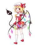  1girl absurdres ascot bangs blonde_hair bloomers bow crystal eyebrows_visible_through_hair fang flandre_scarlet from_behind full_body hanen_(borry) hat hat_bow hat_ribbon highres holding laevatein_(tail) looking_at_viewer medium_hair mob_cap open_mouth red_bow red_eyes red_footwear red_ribbon red_skirt red_vest ribbon ribbon-trimmed_legwear ribbon_trim shirt short_sleeves side_ponytail simple_background skirt smile solo standing tail touhou underwear v-shaped_eyebrows vest white_background white_headwear white_legwear white_shirt wings yellow_neckwear 