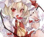  1girl ascot blonde_hair blurry bow crystal depth_of_field eyebrows_behind_hair fang fingernails flandre_scarlet flat_chest hair_between_eyes hat hat_bow highres kani_nyan knee_up licking looking_at_viewer mob_cap one_side_up open_mouth pinky_out puffy_short_sleeves puffy_sleeves red_bow red_eyes red_skirt red_vest short_hair short_sleeves simple_background sitting skirt solo spoon symbol_commentary tongue tongue_out touhou upper_body vest white_background white_headwear wings wrist_cuffs yellow_neckwear 