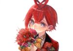  1boy antenna_hair bouquet eyelashes flower looking_at_viewer mochigome_138 red_flower redhead riddle_rosehearts smile solo twisted_wonderland upper_body vest yellow_neckwear 
