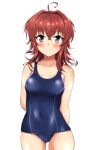  1girl ahoge arashi_(kantai_collection) arms_behind_back ass_visible_through_thighs blue_swimsuit blush breasts collarbone covered_navel embarrassed haoto_(arnica_leaf) highres kantai_collection looking_at_viewer medium_hair messy_hair old_school_swimsuit one-piece_swimsuit redhead school_swimsuit simple_background small_breasts solo standing swimsuit violet_eyes wavy_mouth white_background 