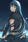  1girl act_(xadachit) black_hair dandelion_(girls_frontline) dress flower girls_frontline highres long_hair open_mouth petals sidelocks solo torn_clothes very_long_hair yellow_eyes 