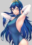  1girl alternate_costume ameno_(a_meno0) armpits arms_behind_head blue_eyes blue_hair blush breasts fire_emblem fire_emblem_awakening highres jewelry leotard long_hair looking_at_viewer lucina_(fire_emblem) necklace open_mouth simple_background small_breasts smile solo symbol-shaped_pupils 