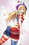  1girl american_flag_dress american_flag_legwear ass blonde_hair breasts clownpiece covered_nipples dress fang hat highres jester_cap long_hair looking_at_viewer neck_ruff no_wings polka_dot purple_headwear short_sleeves small_breasts smile solo star_(symbol) striped thigh-highs touhou violet_eyes z.o.b 