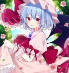  1girl ascot bat_wings blue_hair bow brooch dress flower frilled_sleeves frills hat hat_ribbon highres jewelry looking_at_viewer mob_cap open_mouth outdoors pink_dress puffy_short_sleeves puffy_sleeves red_bow red_eyes remilia_scarlet ribbon short_hair short_sleeves sky touhou wings yurui_tuhu 