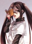 1girl akuta_hinako bangs black-framed_eyewear black_sweater book breasts brown_eyes brown_hair command_spell dress earrings fate/grand_order fate_(series) glasses holding holding_book jewelry long_hair long_sleeves looking_at_viewer medium_breasts multiple_earrings open_mouth ribbed_sweater seeds328 sweater tongue tongue_out turtleneck turtleneck_sweater twintails very_long_hair white_dress 