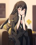  1girl act_(xadachit) black_hair blush dandelion_(girls_frontline) dress girls_frontline hands_on_own_face highres long_hair sidelocks sitting smile solo very_long_hair yellow_eyes 