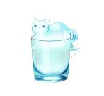  animal cat chai commentary_request cup drinking_glass droplet highres liquid looking_at_viewer no_humans original signature sitting_on_liquid splashing undersized_animal white_background 