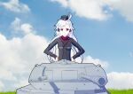  1girl :&lt; absurdres breasts c96_(girls_frontline) caterpillar_tracks clouds commentary_request day gilijim girls_frontline girls_und_panzer grass ground_vehicle highres kuromorimine_military_uniform long_hair military military_vehicle motor_vehicle panzerkampfwagen_ii red_eyes sky tank tank_turret white_hair 