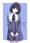  black_dress black_hair blue_eyes bob_cut closed_mouth copyright_request dress eyebrows_visible_through_hair hairband head_tilt highres long_sleeves looking_at_viewer nightgown nii_manabu no_pants short_hair sidelocks signature simple_background smile smock standing thighs 
