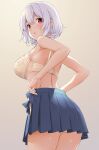  1girl ass azur_lane bangs bare_shoulders blue_skirt blush bra breasts highres large_breasts looking_at_viewer looking_back open_mouth pleated_skirt red_eyes short_hair sirius_(azur_lane) skirt takayaki underwear white_bra white_hair 