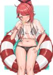  1girl absurdres bikini breasts candy choker commission floating food girls_frontline gun h&amp;k_mp7 highres kuro_(zhurunbo1997) lifebuoy lollipop medium_breasts medium_hair mp7_(girls_frontline) navel official_alternate_costume redhead see-through skeb_commission solo submachine_gun swimsuit water weapon yellow_eyes 