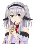  bare_shoulders chiem_(vtuber) commission cup drinking drinking_straw grey_eyes highres holding holding_cup indie_virtual_youtuber looking_at_viewer necktie sidelocks silver_hair suprii tea two_side_up virtual_youtuber white_background wings 