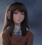  1girl black_hair blue_neckwear brown_coat closed_mouth coat earmuffs english_commentary jacket kimishima_kana kiseijuu long_hair miura-n315 necktie scarf simple_background solo white_scarf 