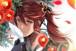 1boy feathers fire_emblem fire_emblem_fates fire_emblem_heroes flower higasarosso holding leaf long_hair looking_at_viewer male_focus petals red_eyes redhead smile solo subaki_(fire_emblem) upper_body white_background 