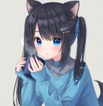  1girl :o animal_ear_fluff animal_ears anz32 bangs black_hair blue_eyes blue_flower blue_ribbon blue_shirt commentary_request cup dog_ears dog_girl dog_tail eyebrows_visible_through_hair flower grey_background hair_between_eyes hair_flower hair_ornament hair_ribbon hairclip holding holding_cup long_hair long_sleeves looking_at_viewer mug original parted_lips ribbon shirt simple_background sleeves_past_wrists solo tail tail_raised twintails upper_body 